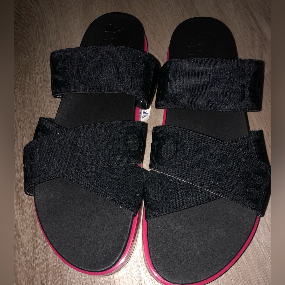 Sorel Black Pink Sport Slide Sandals Women’s 10.5 NEW Logo Straps